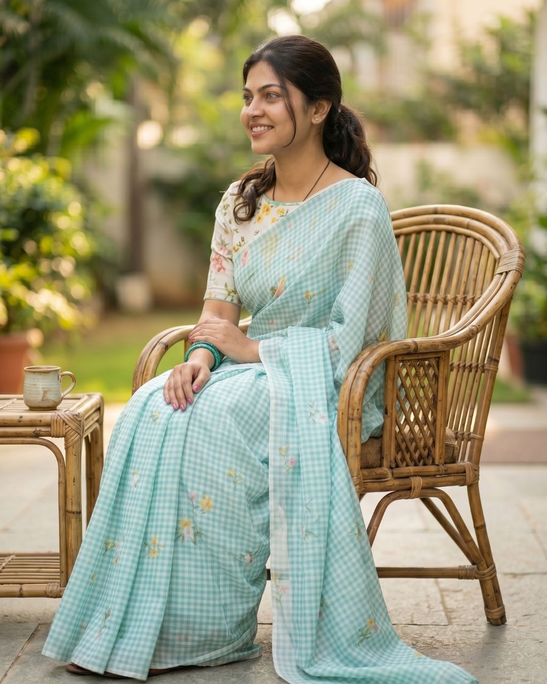 Cotton Linen Checks floral saree