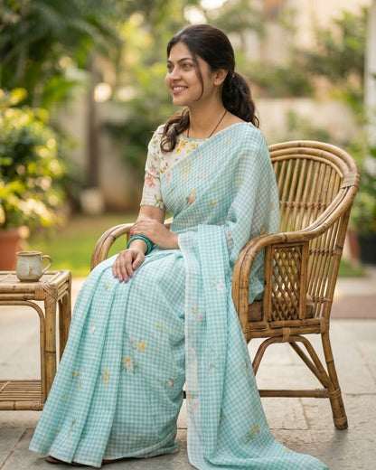 Cotton Linen Checks floral saree