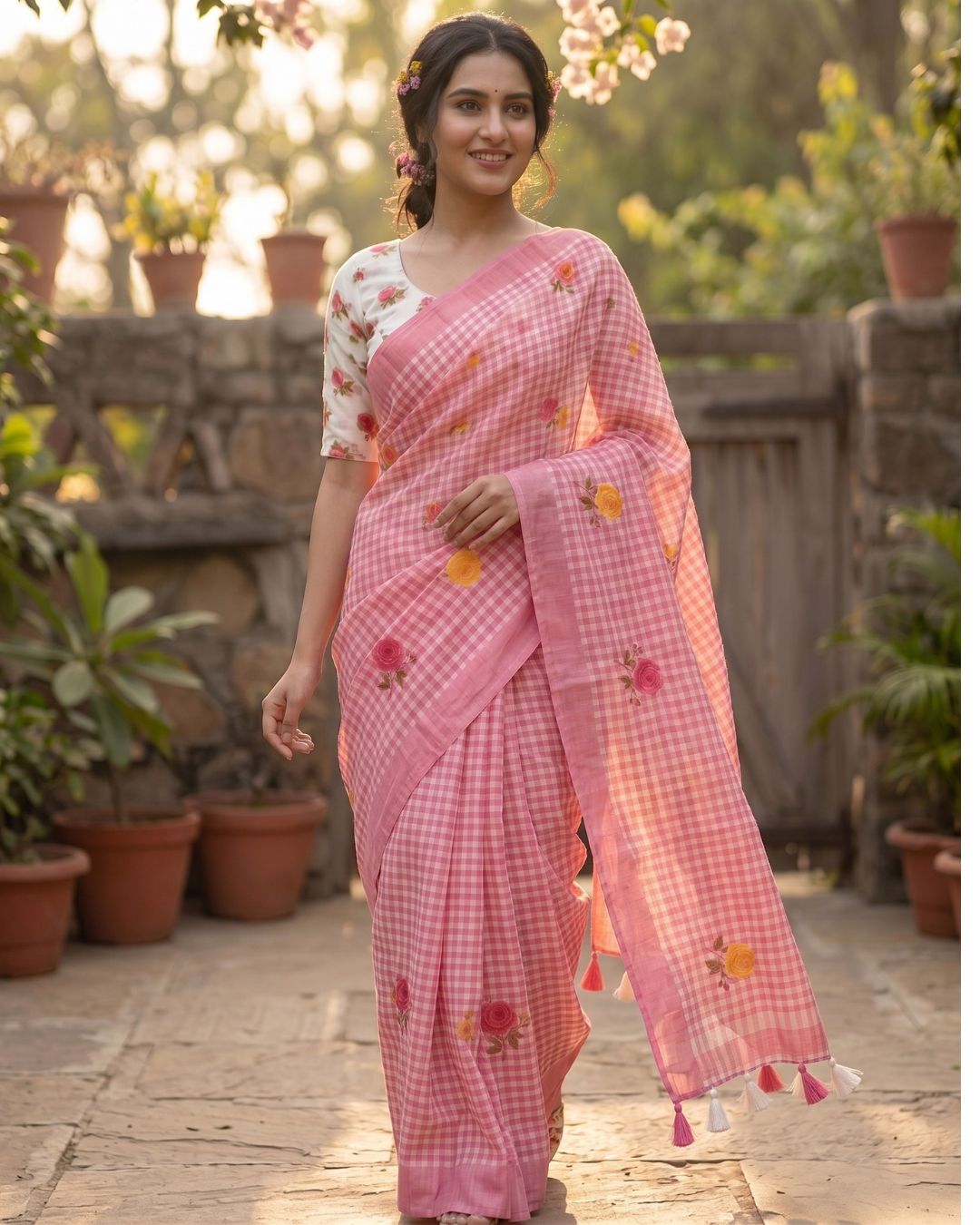 Cotton Linen Checks floral saree