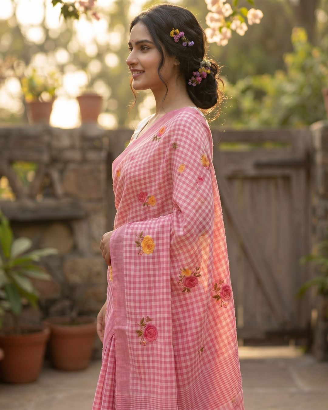 Cotton Linen Checks floral saree