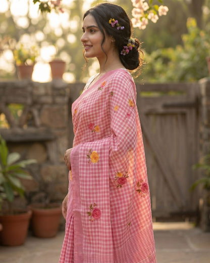 Cotton Linen Checks floral saree