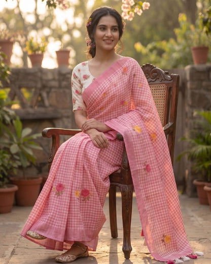 Cotton Linen Checks floral saree