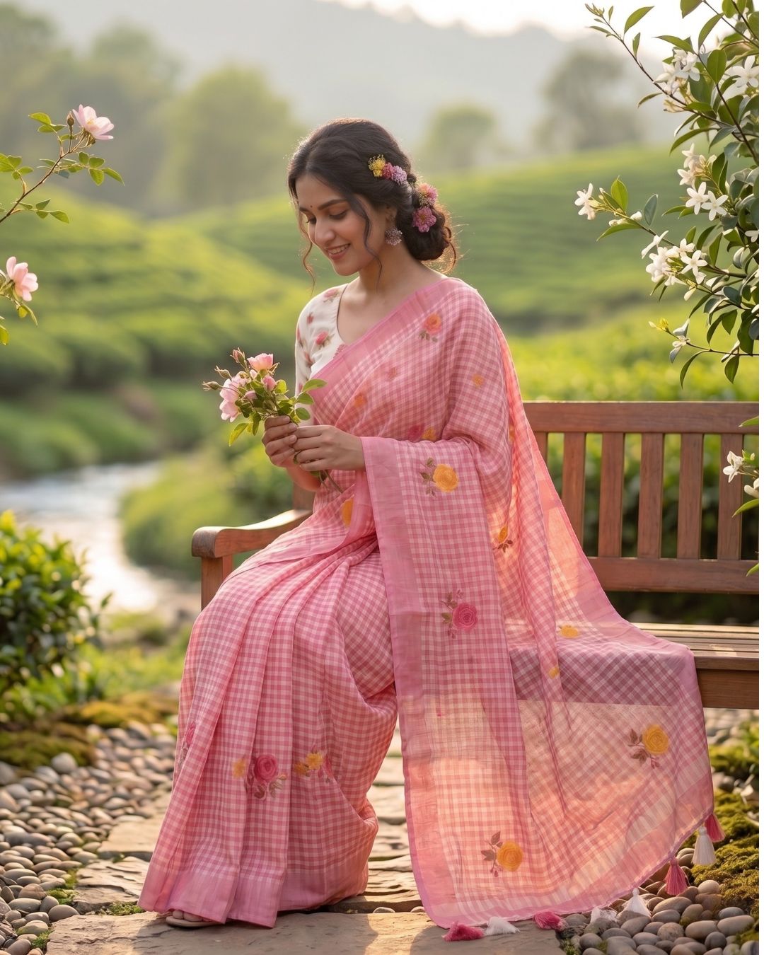 Cotton Linen Checks floral saree