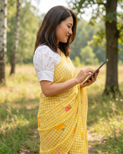 Cotton Linen Checks floral saree