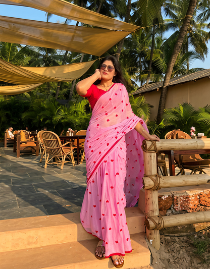 Cotton Linen Heart Print Saree Celebrity Special