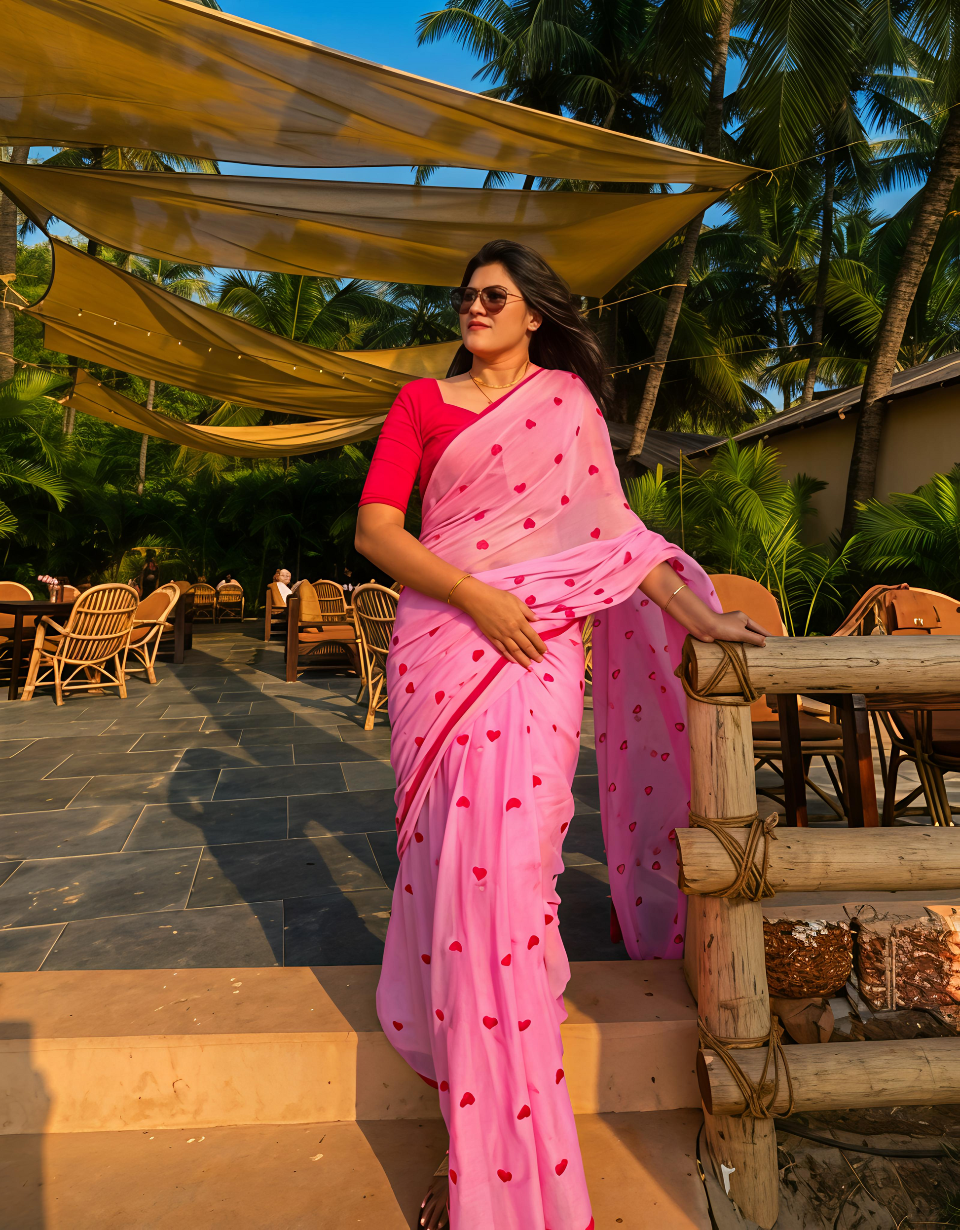 Cotton Linen Heart Print Saree Celebrity Special