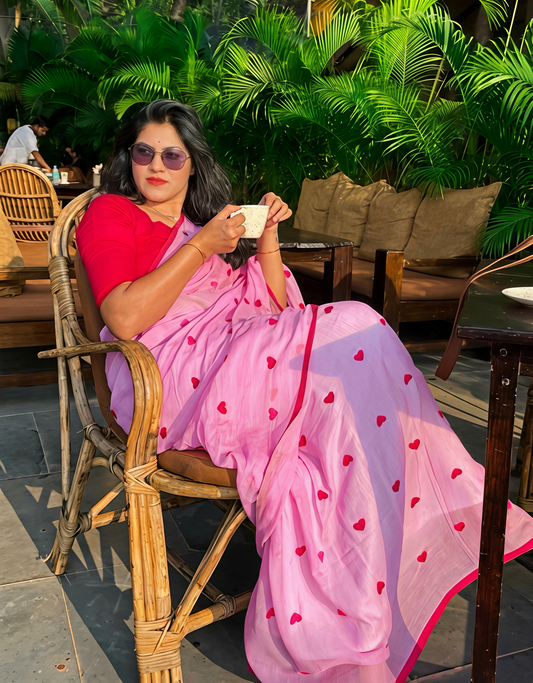 Cotton Linen Heart Print Saree Celebrity Special