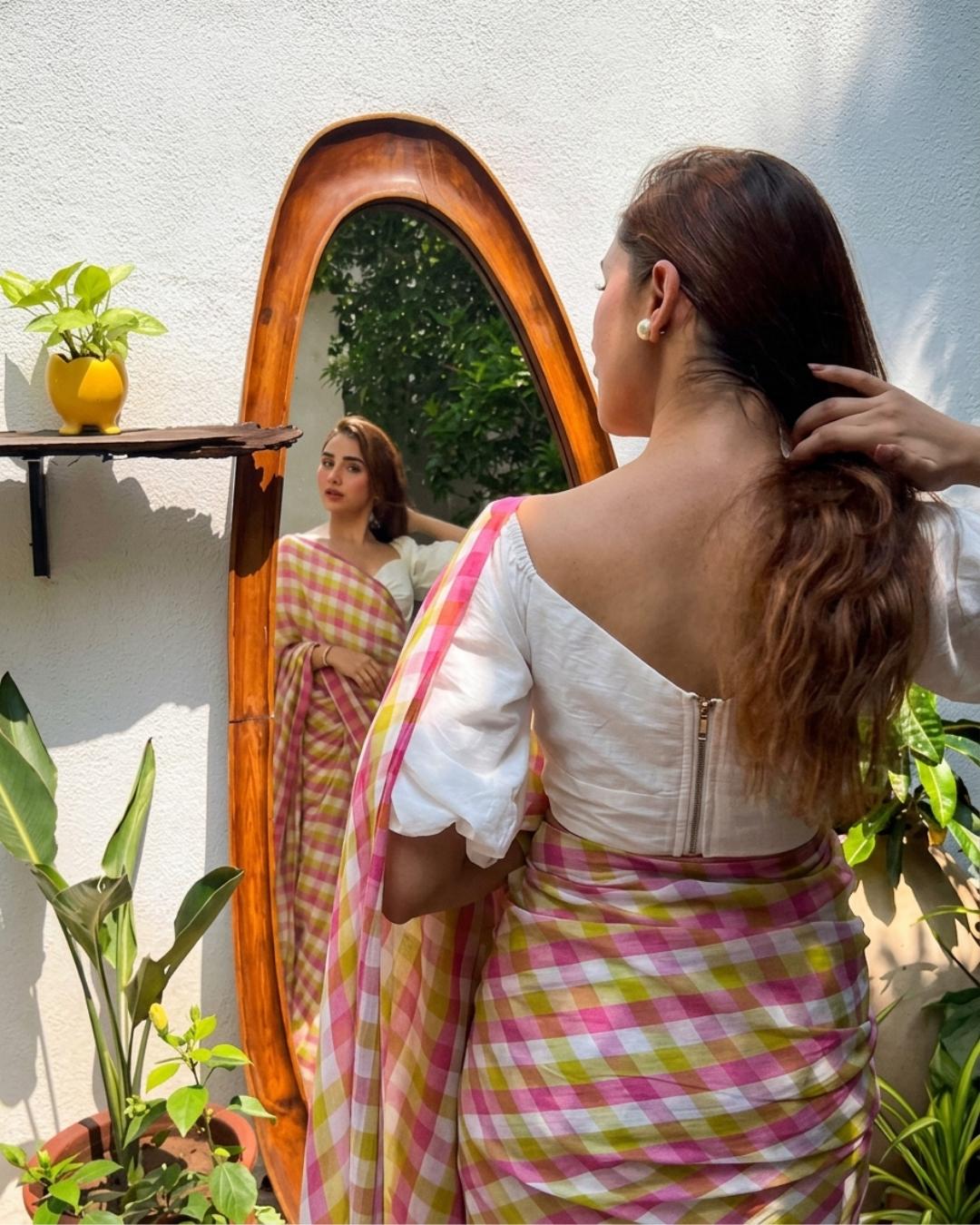 Cotton Linen Pastel Checks print saree