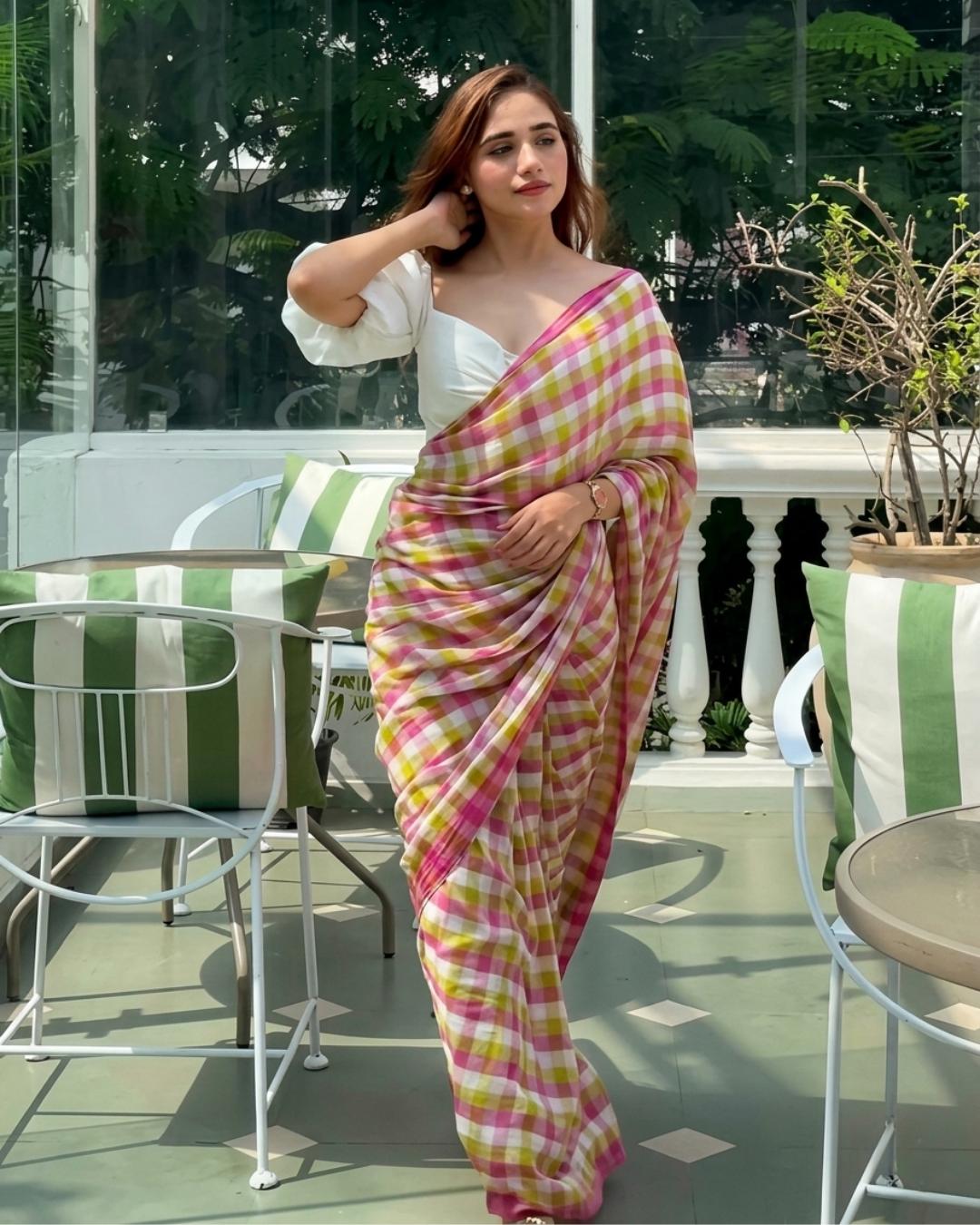 Cotton Linen Pastel Checks print saree