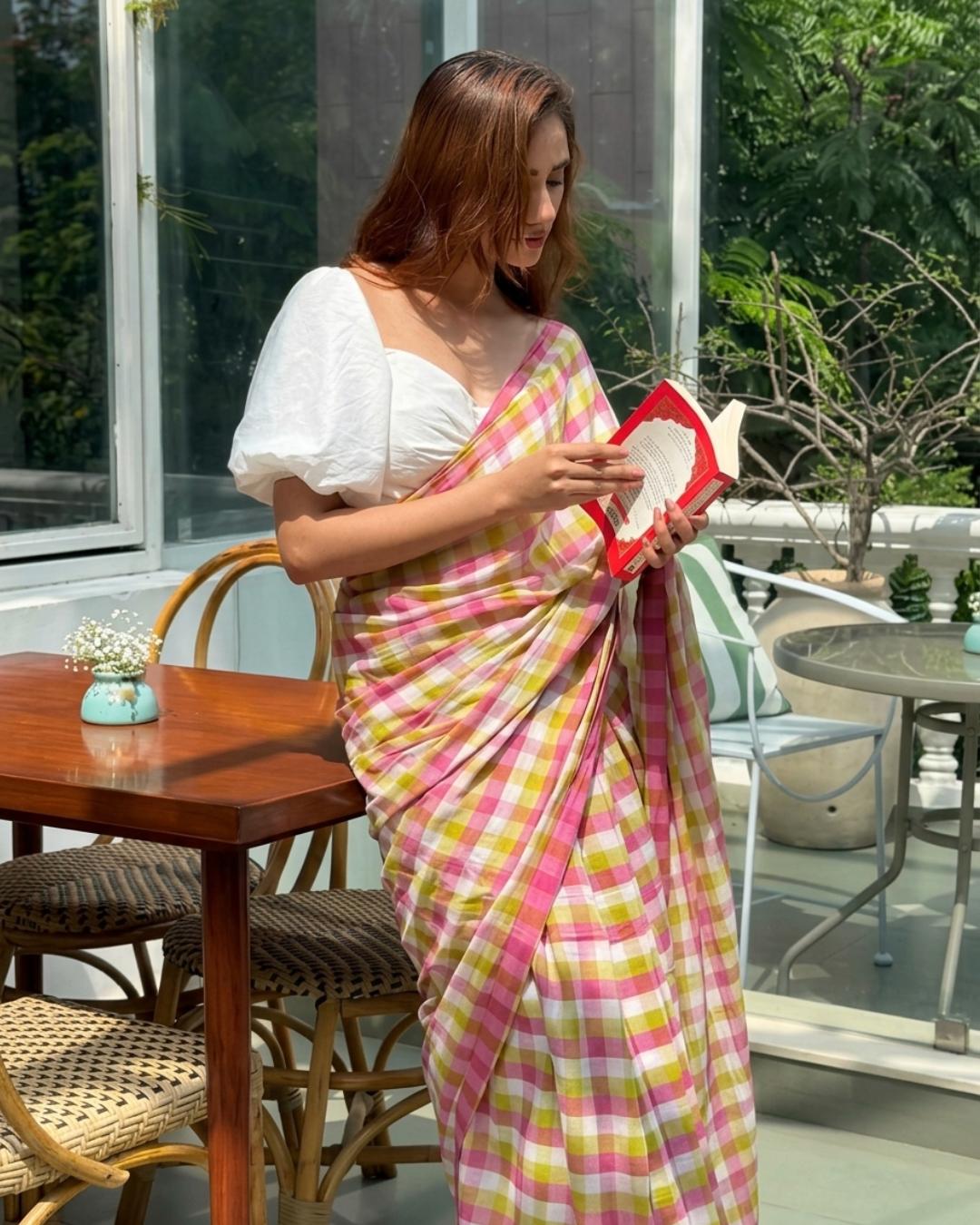 Cotton Linen Pastel Checks print saree
