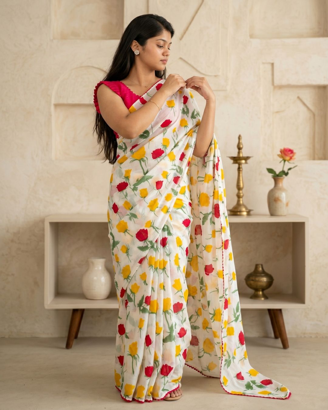 Cotton Linen Rose Print Saree
