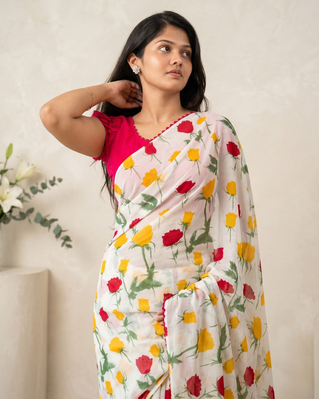 Cotton Linen Rose Print Saree
