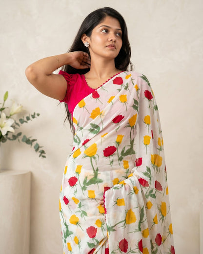 Cotton Linen Rose Print Saree