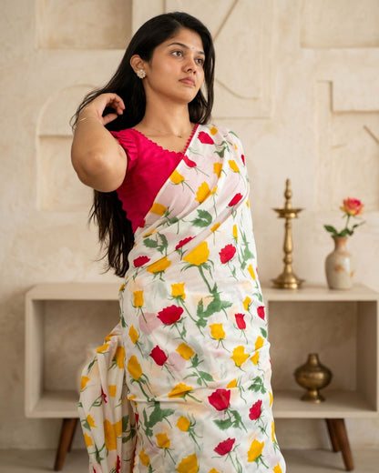Cotton Linen Rose Print Saree