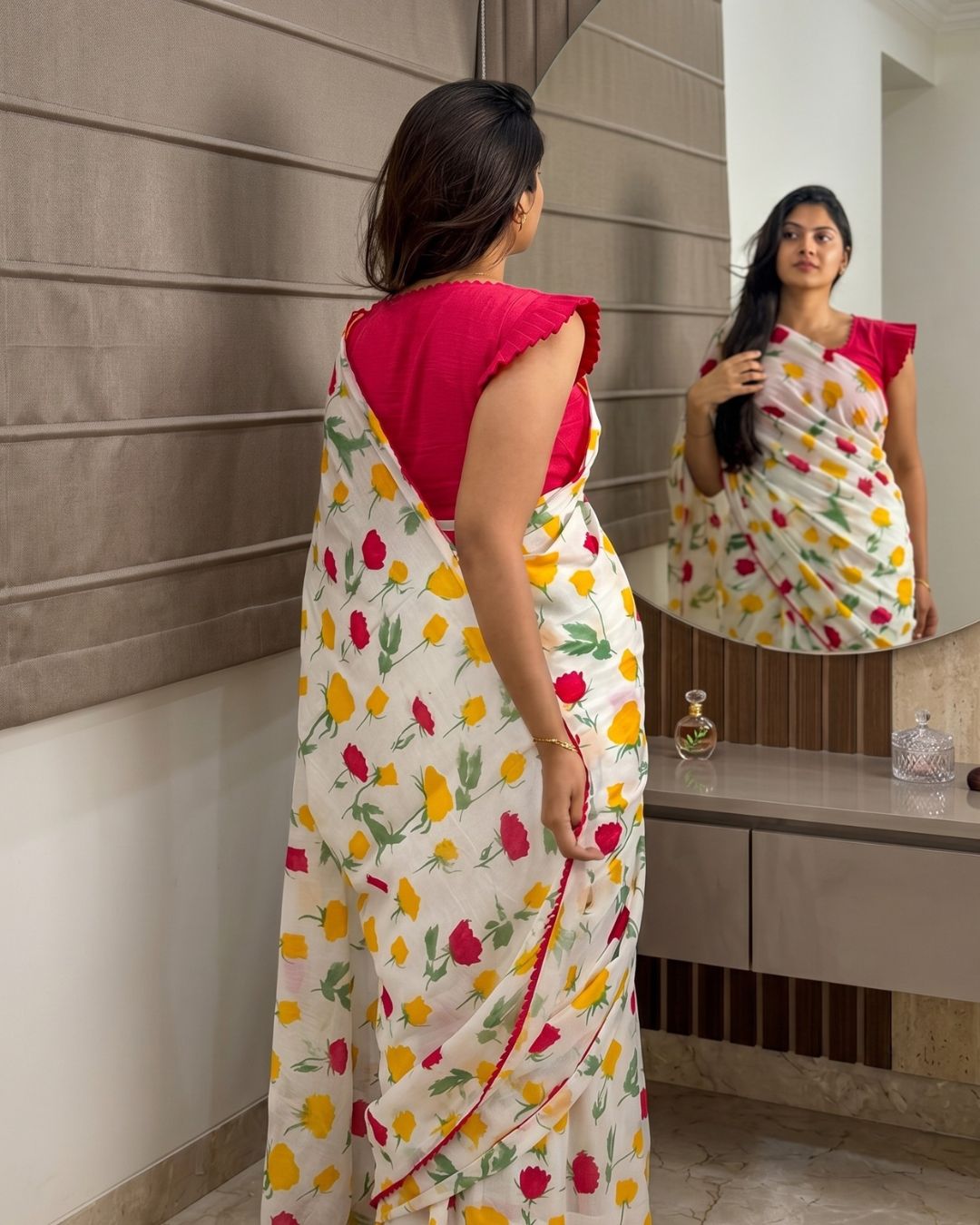 Cotton Linen Rose Print Saree
