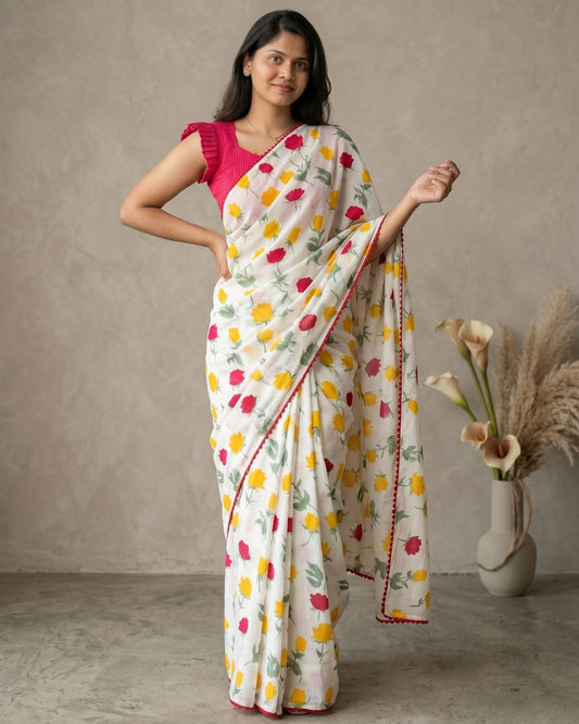 Cotton Linen Rose Print Saree