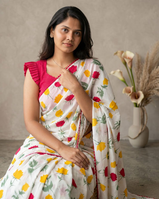 Cotton Linen Rose Print Saree
