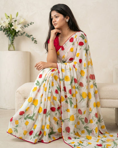 Cotton Linen Rose Print Saree