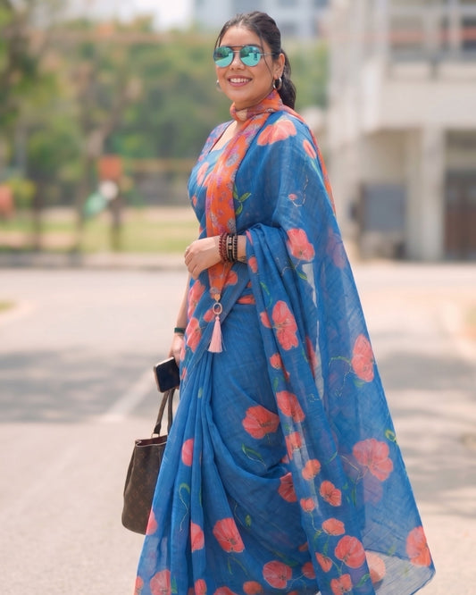 Cotton Linen Royal Flower print saree