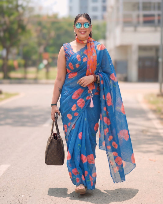 Cotton Linen Royal Flower print saree