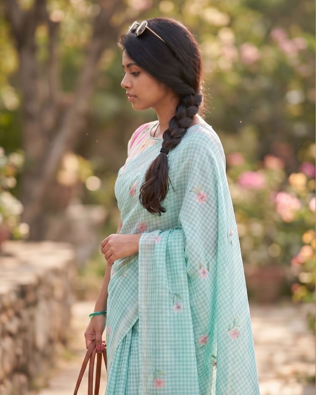 Cotton Linen Checks floral saree