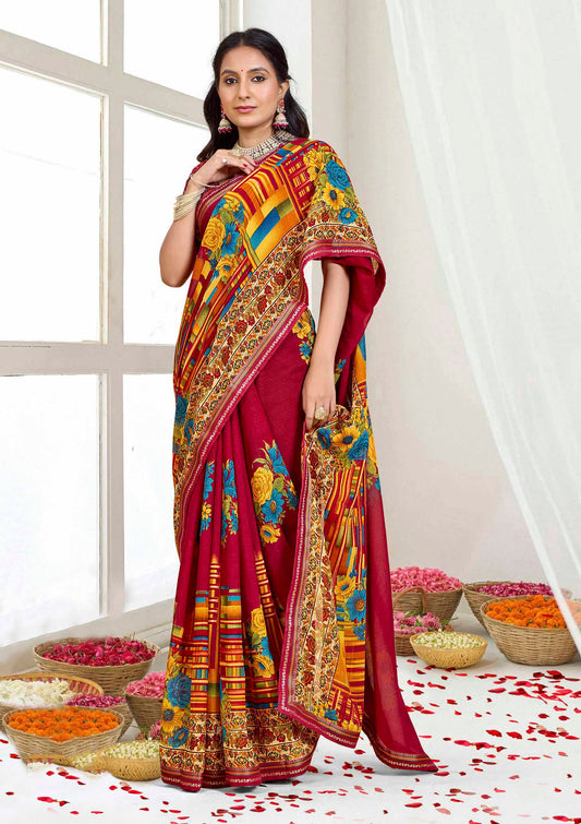 Ghazal flower printed maroon saree
