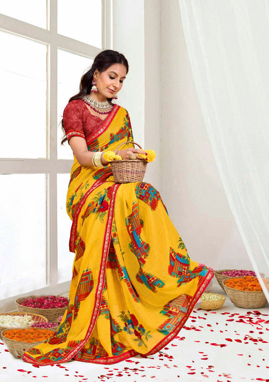 Ghazal flower printed yellow saree