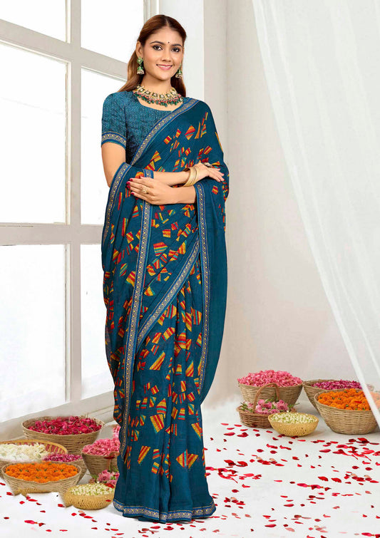 Ghazal navy blue color classic printed saree