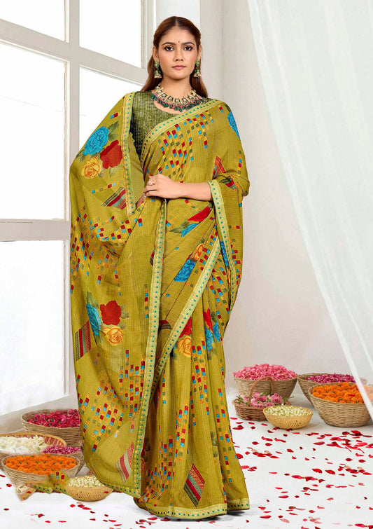 Ghazal olive green flower printed saree