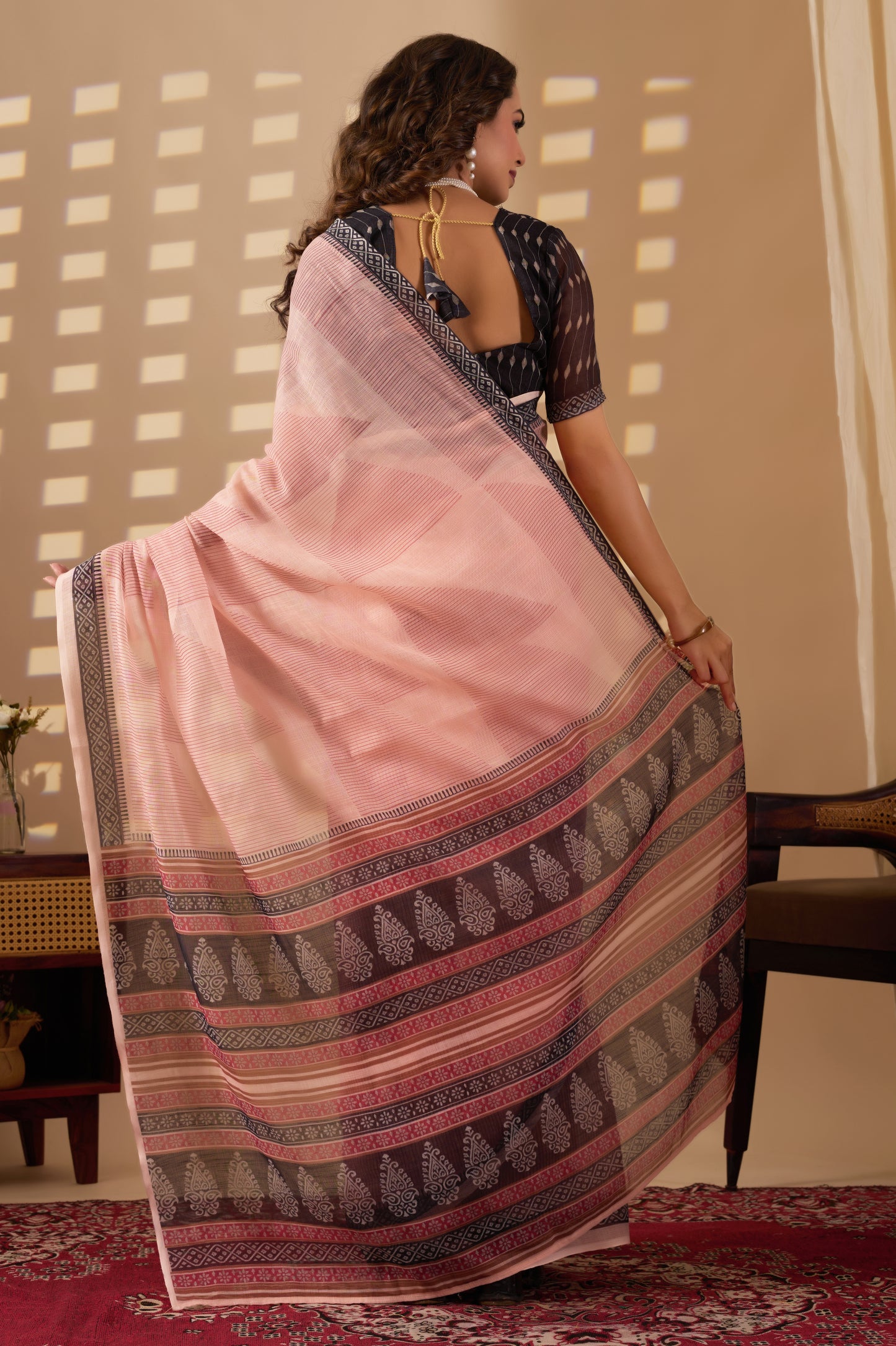 Geometric cotton linen digital print White & Red with Black Border sareeGeometric cotton linen digital print White & Red with Black Border saree