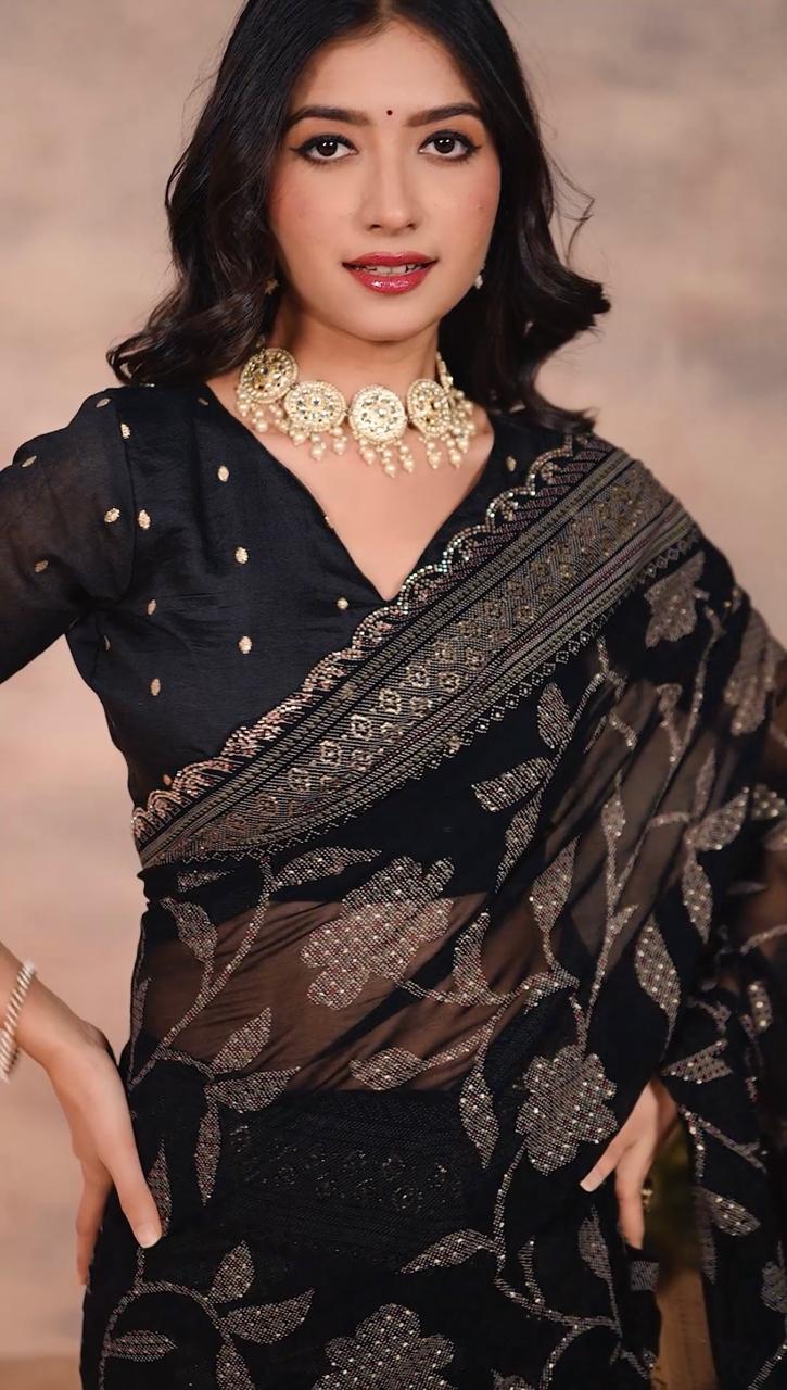 Gorgette Black Swarovski scallop saree with foil work
