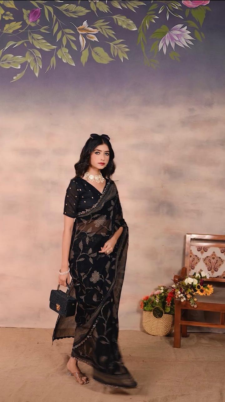 Gorgette Black Swarovski scallop saree with foil work