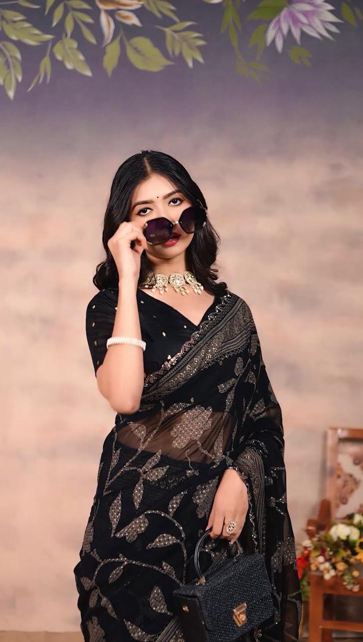 Gorgette Black Swarovski scallop saree with foil work