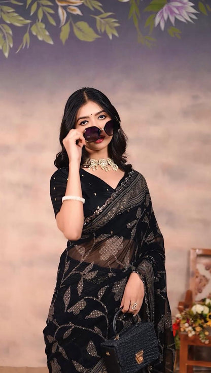 Gorgette Black Swarovski scallop saree with foil work