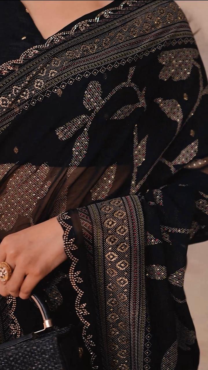 Gorgette Black Swarovski scallop saree with foil work