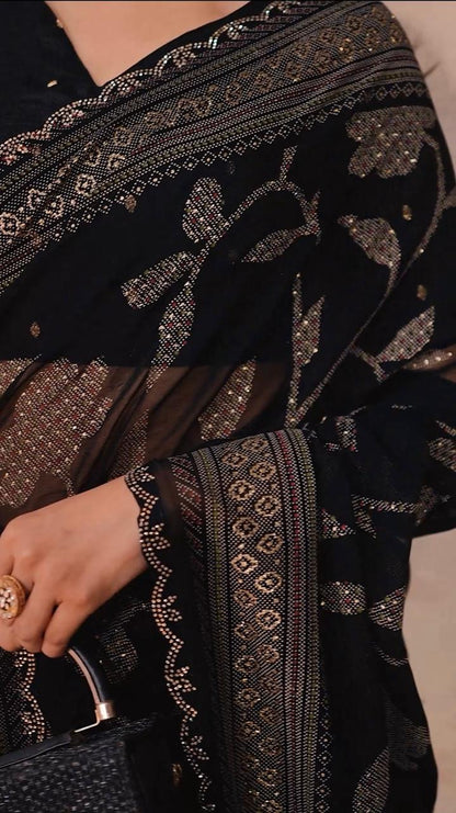 Gorgette Black Swarovski scallop saree with foil work