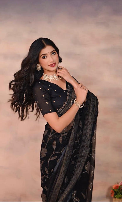 Gorgette Black Swarovski scallop saree with foil work