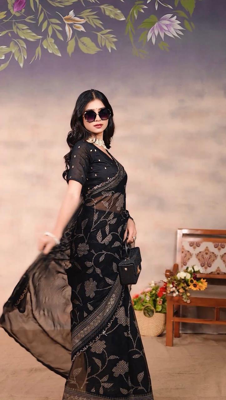 Gorgette Black Swarovski scallop saree with foil work