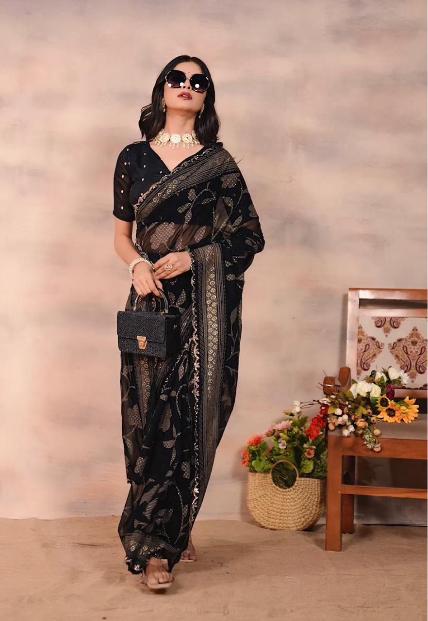 Gorgette Black Swarovski scallop saree with foil work
