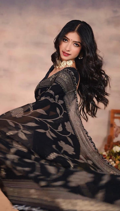 Gorgette Black Swarovski scallop saree with foil work
