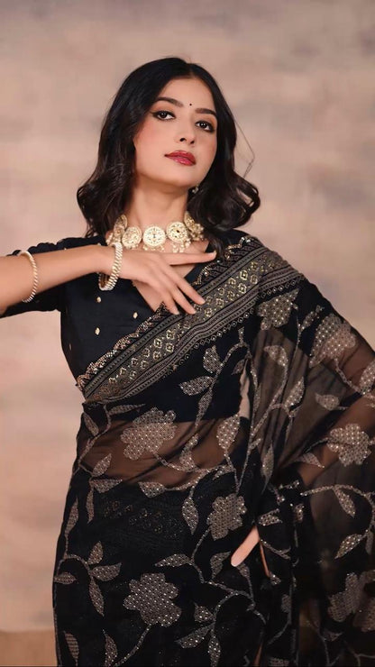 Gorgette Black Swarovski scallop saree with foil work