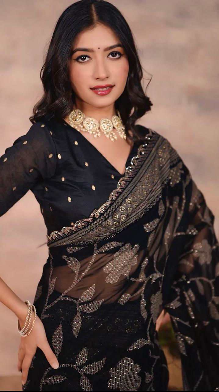 Gorgette Black Swarovski scallop saree with foil work
