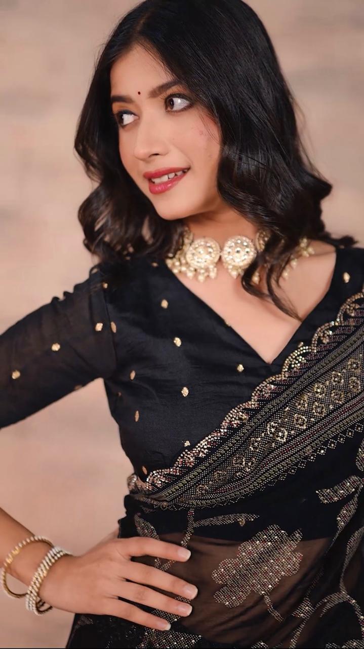 Gorgette Black Swarovski scallop saree with foil work