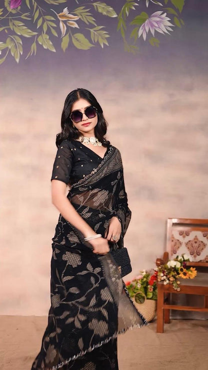 Gorgette Black Swarovski scallop saree with foil work