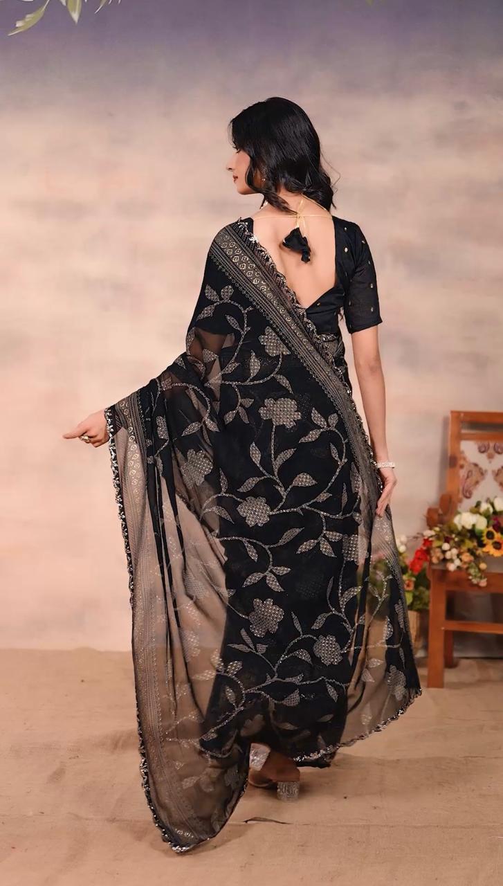Gorgette Black Swarovski scallop saree with foil work