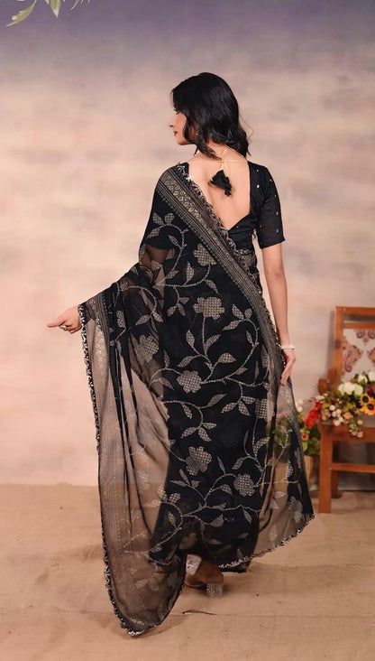 Gorgette Black Swarovski scallop saree with foil work