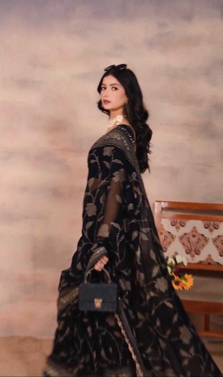 Gorgette Black Swarovski scallop saree with foil work