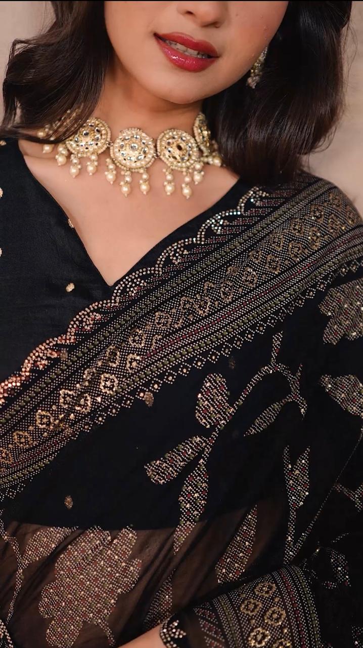 Gorgette Black Swarovski scallop saree with foil work