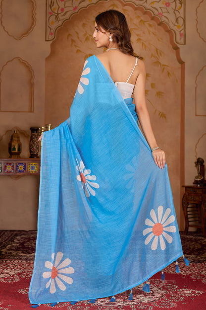 Gulbahar cotton linen digital print saree with heavy tassels