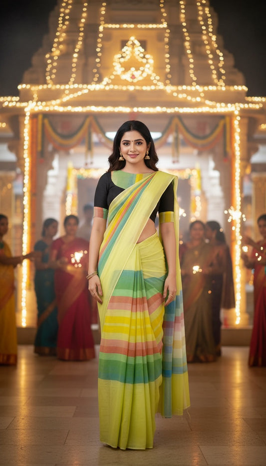 Cotton linen digital print Yellow Colour saree with colour border design
